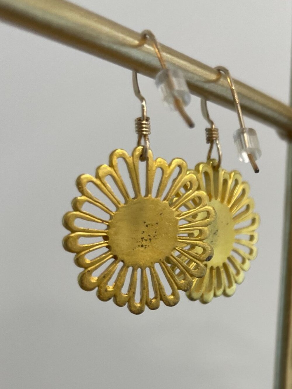 Gold Sunflower Dangle Earrings 14Kt gold Filled French Hook Statement Drop - Picture 3 of 8